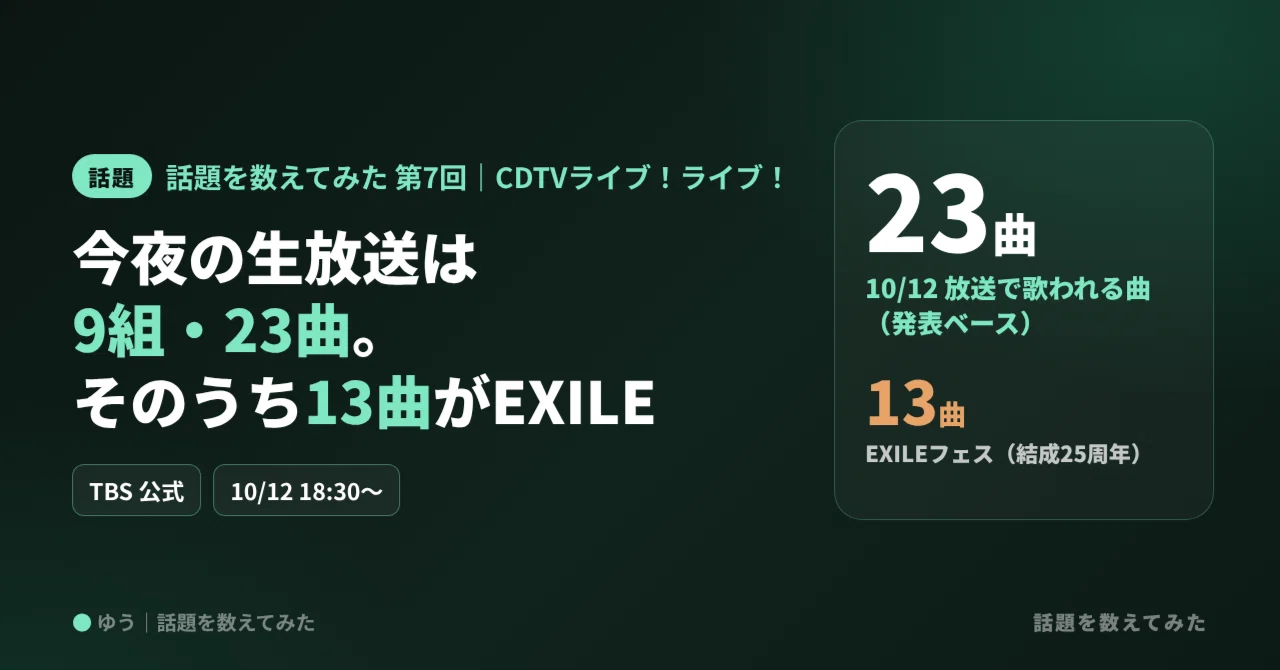 【CDTV】今夜の生放送は9組・23曲。そのうち13曲がEXILE｜公式の発表 ...