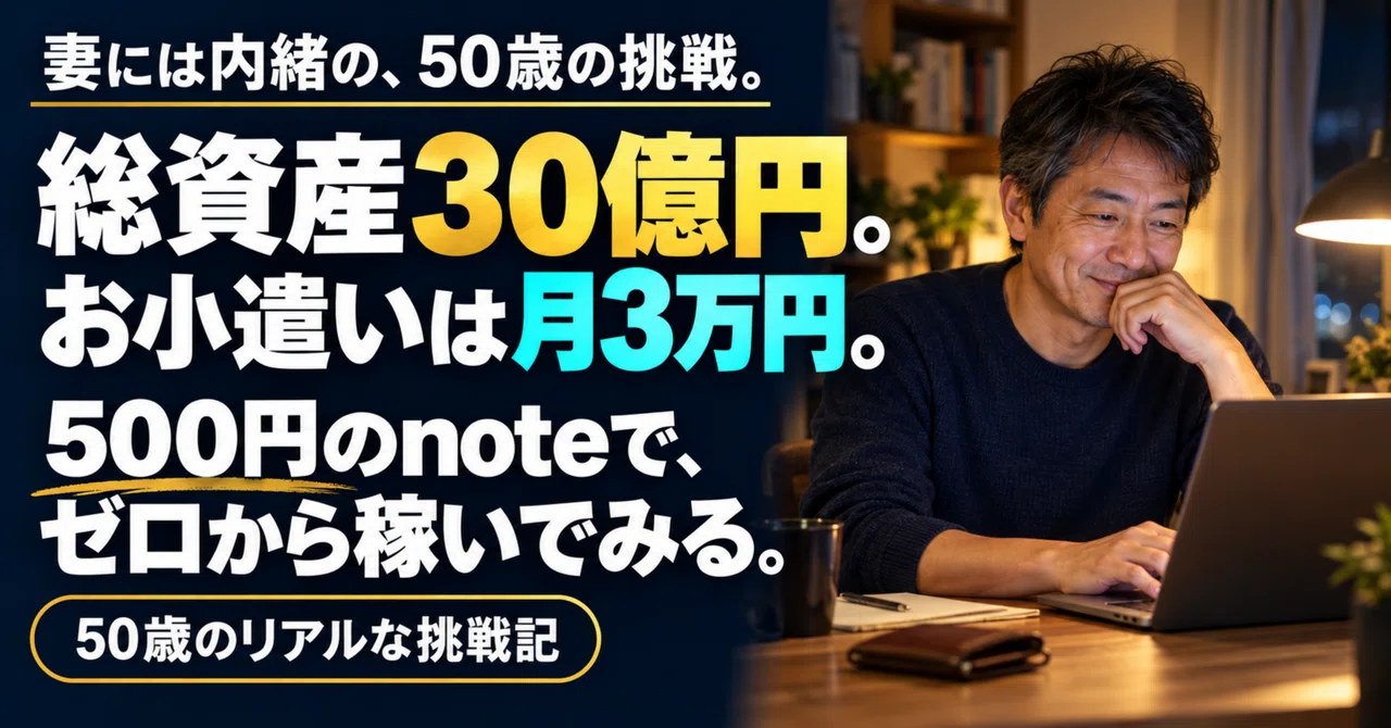 総資産30億円、お小遣いは月3万円。妻に内緒の50歳が、500円のnoteでゼロから稼いでみる｜IQ228