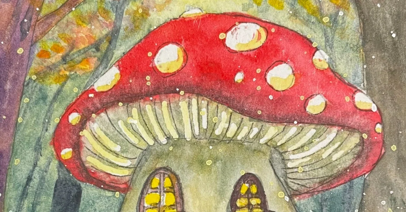 水彩画 - 小さい絵 きのこ🍄のお家｜ねこママ｜陽紡 Hitsumugi