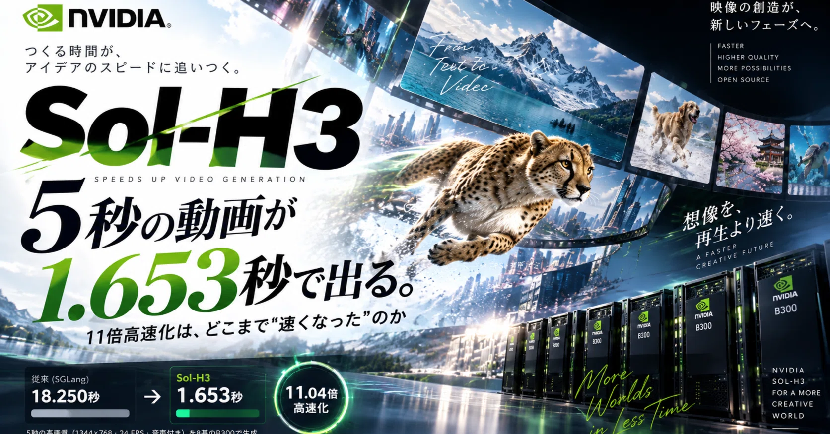 5秒の動画が1.653秒で出る。NVIDIA「Sol-H3」の11倍高速化は、どこまで