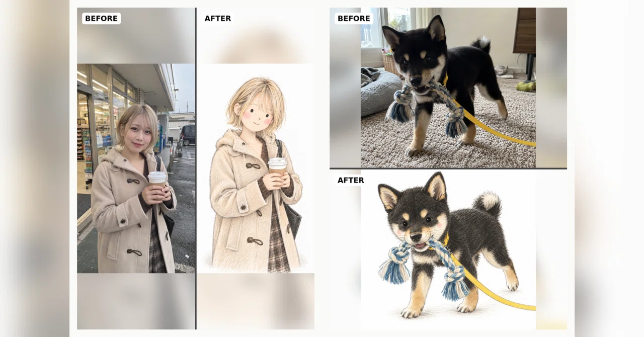 Picture Book Style × Colored Pencil × Dot Eyes × White Space Prompt｜カワルエ