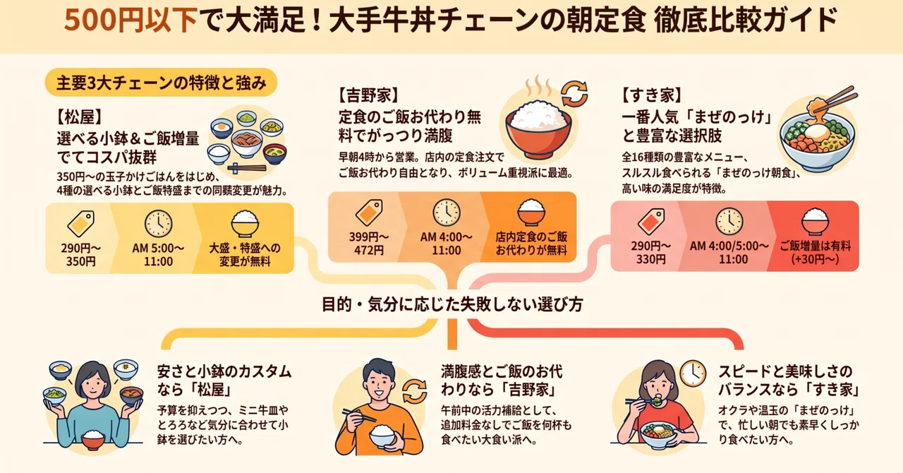 [Under 500 Yen] A Thorough Comparison of Breakfast Sets at the 4 Major ...