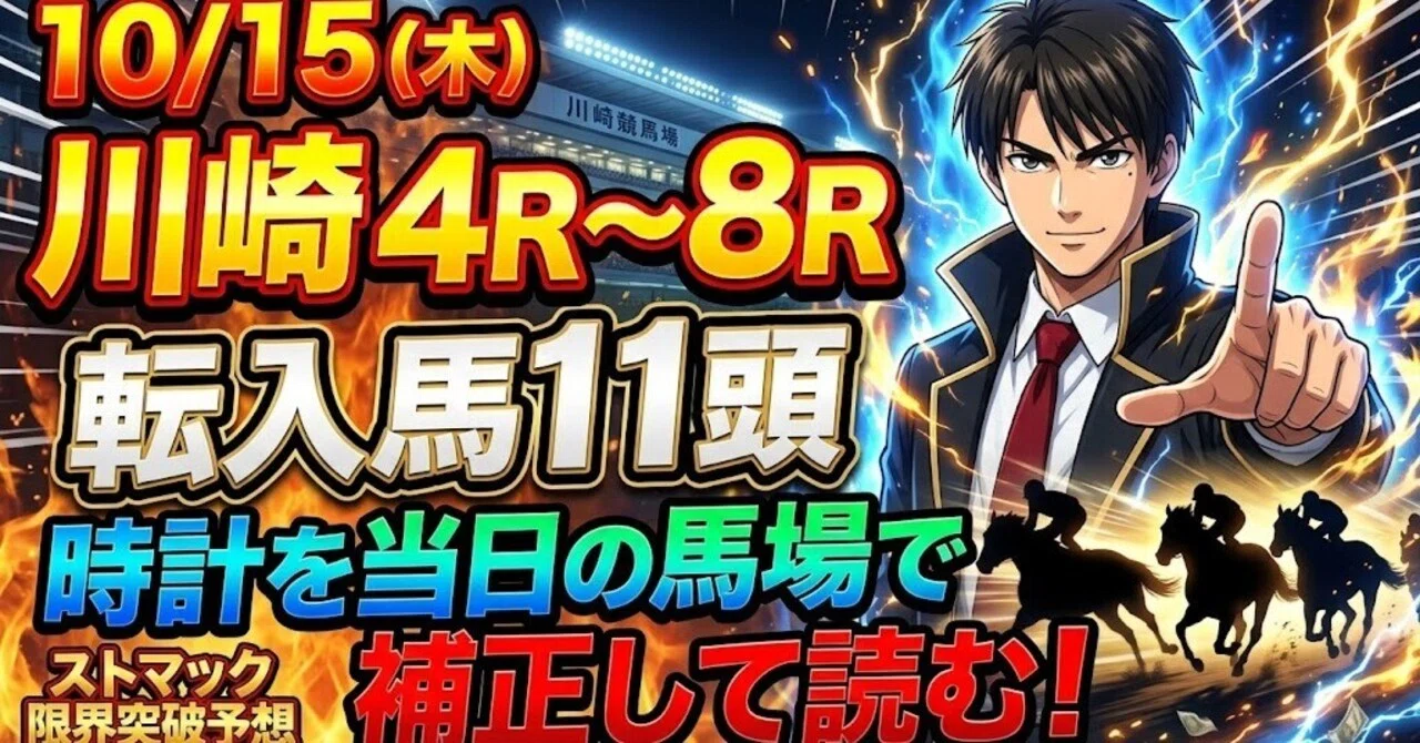 【10月15日（木）川崎4R〜8R】転入馬11頭の時計を当日の馬場で補正して読む｜ストマック限界突破予想｜ストマック