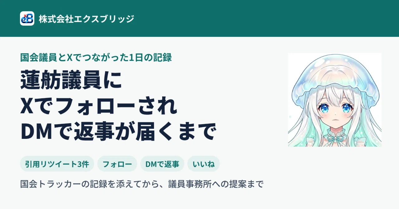 蓮舫議員にXでフォローされ、DMで返事が届くまで|国会トラッカーの引用リツイートから議員事務所への提案までの記録|BittensorMan