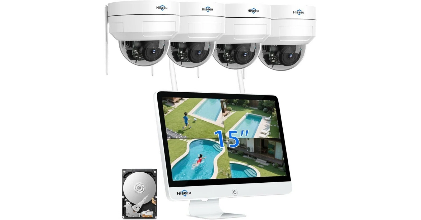 Hiseeu IPS液晶モニタ一体型NVR 1920P ワイヤレスカメラ4台セット