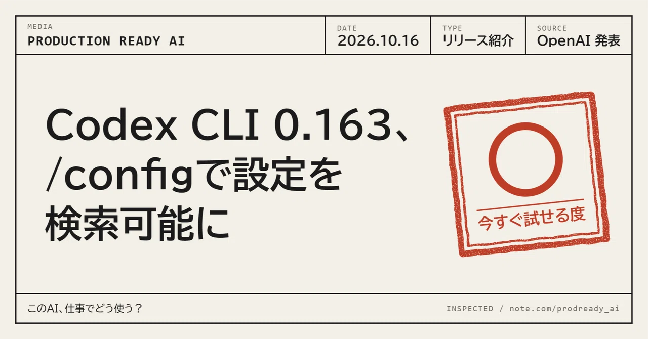 Codex CLI 0.163, now with /config setting search｜ニシダ│Production Ready AI