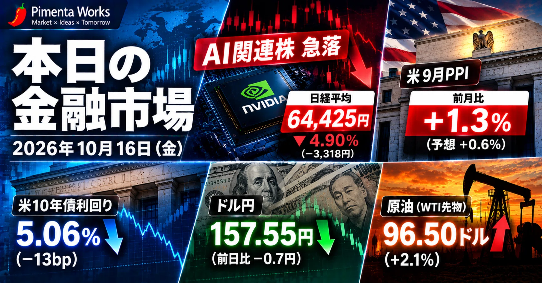 [10/16] Today's Financial Markets in 3 Minutes | Nikkei Average drops over 3,300 yen, US interest rates fall sharply. Concerns over AI investment shake the market