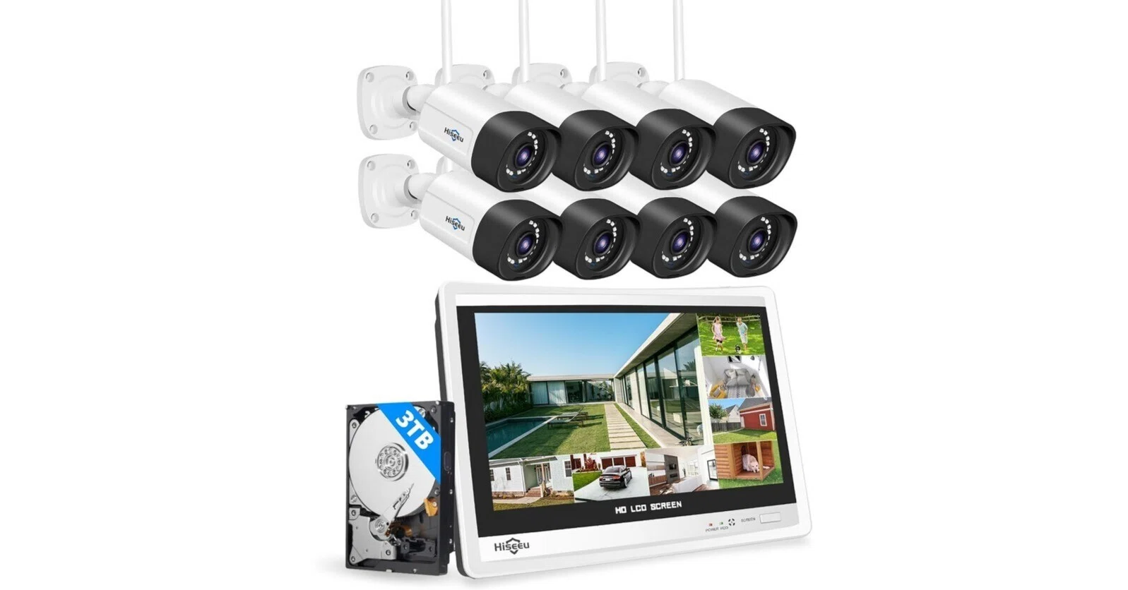 Hiseeu LCD液晶モニタ一体型NVR 500万画素ワイヤレスカメラ8台セット