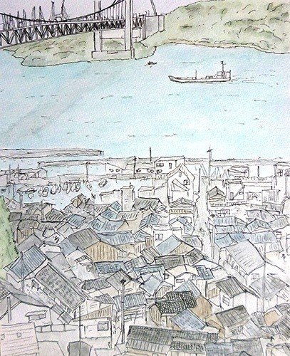 水彩画 橋と街並み ペン水彩画 東京の風景 「新橋・ジューテックビル」 F0（180x145
