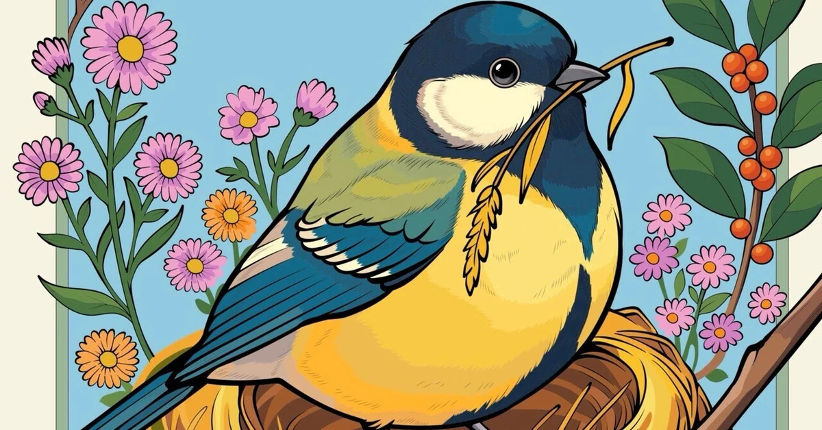 [Coloring] Great Tit on a Nest and the Colors of Autumn｜HINAKA 塗り絵アカウント