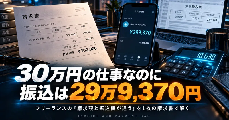 30万円の仕事なのに振込は29万9,370円。フリーランスの「請求額と振込額が違う」を1枚の請求書で解く