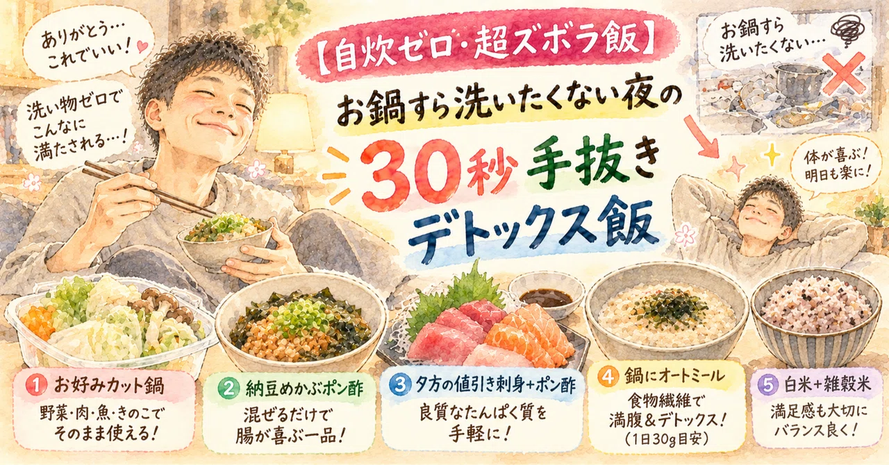 [요리 제로·초간단 귀차니즘 식단] 냄비조차 씻기 싫은 밤의 '30초 날림 디톡스 식단'｜なかじ