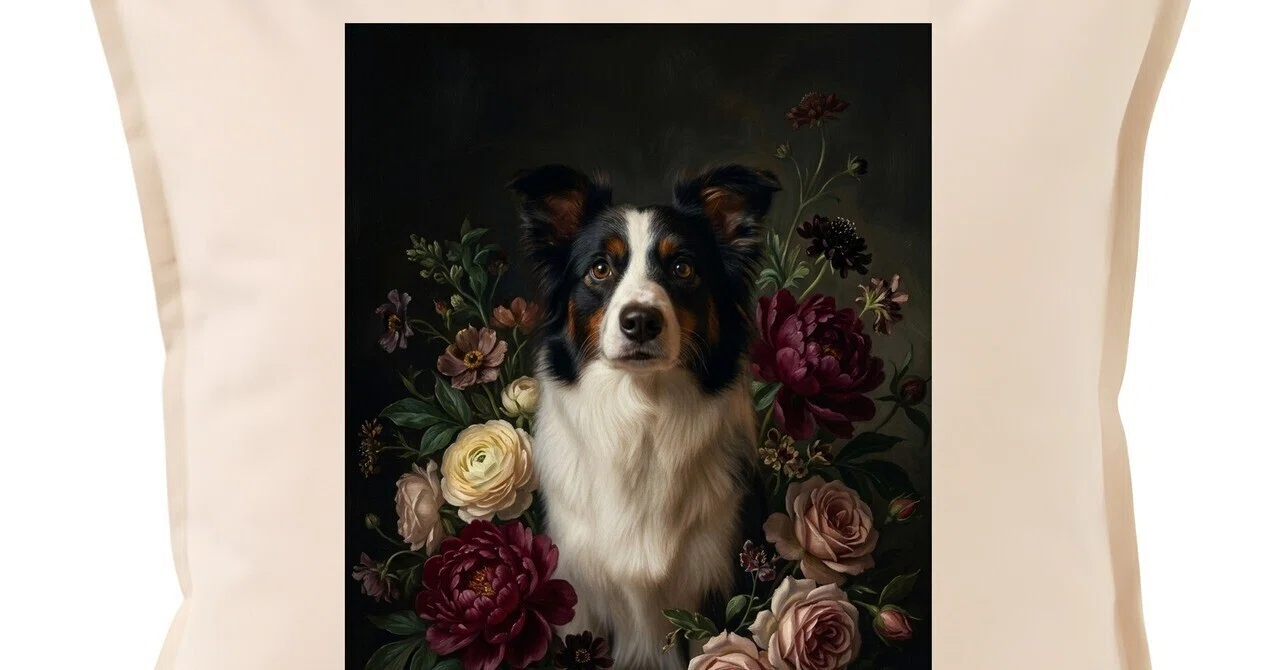 Border Collie floral oil painting style art cushion is now available ...