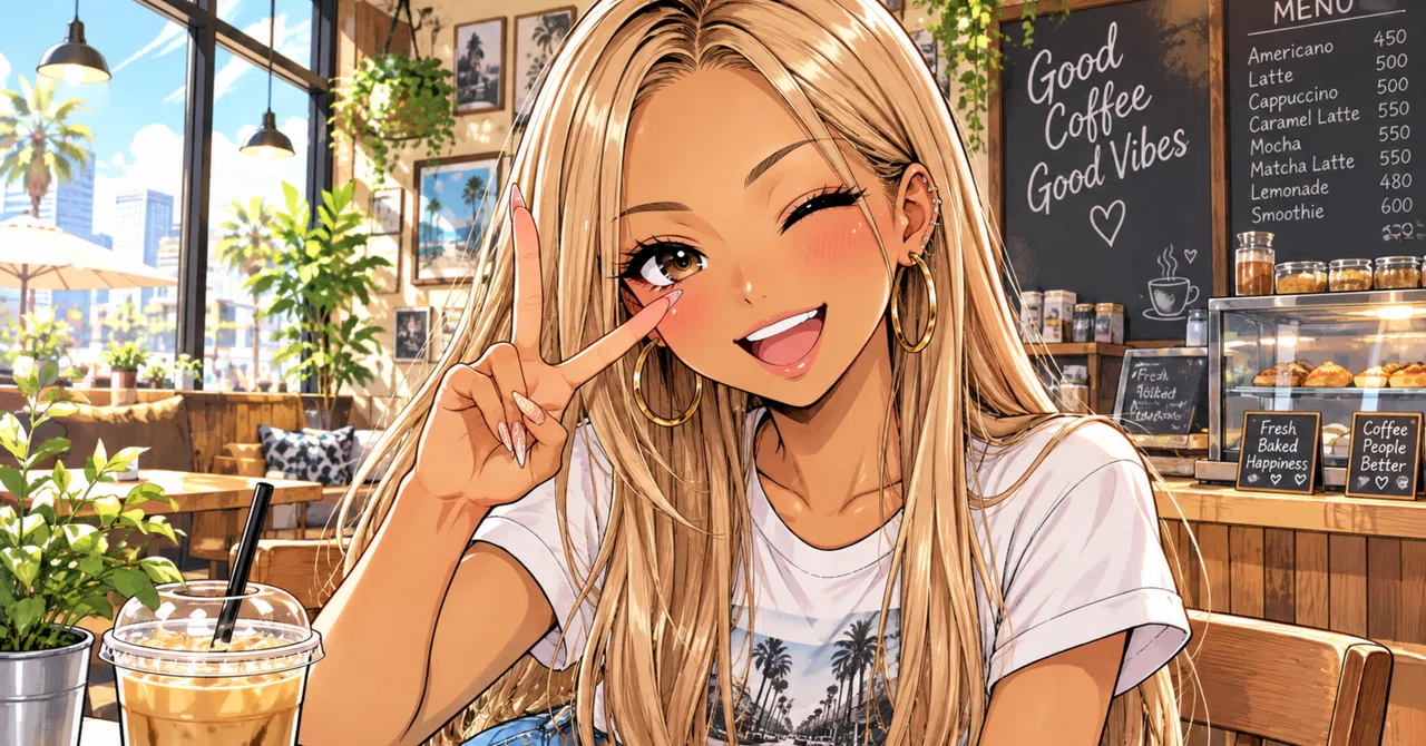 [Prompt Reveal] Wink & Peace at a Cafe! Gal-style Manga AI Illustration ...