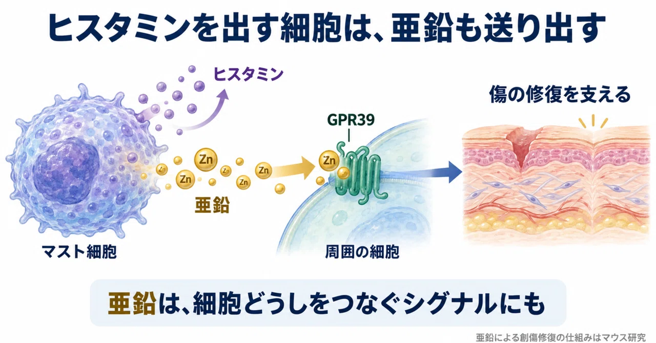 ヒスタミンの細胞は亜鉛も出す：傷の修復を呼ぶ合図だった