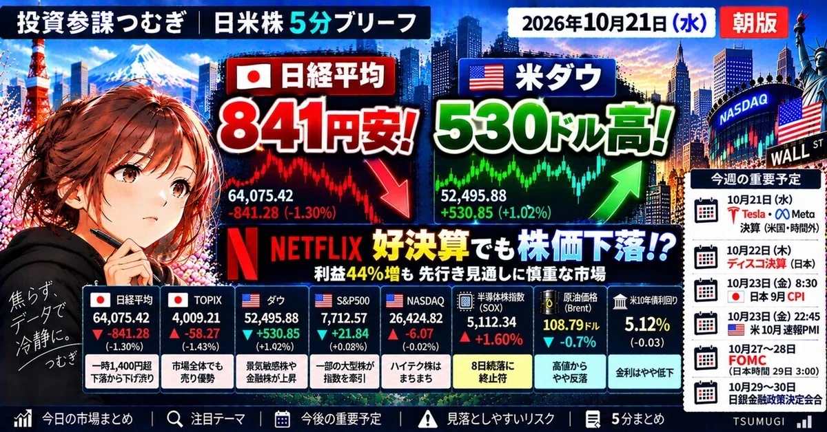 [October 21] Nikkei Average down 841 yen! But US Dow up 530 dollars ...