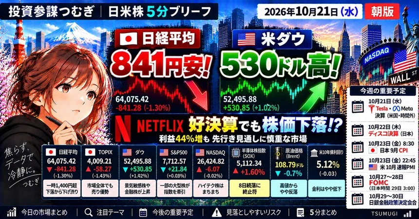 [October 21] Nikkei Average down 841 yen! But US Dow up 530 dollars ...