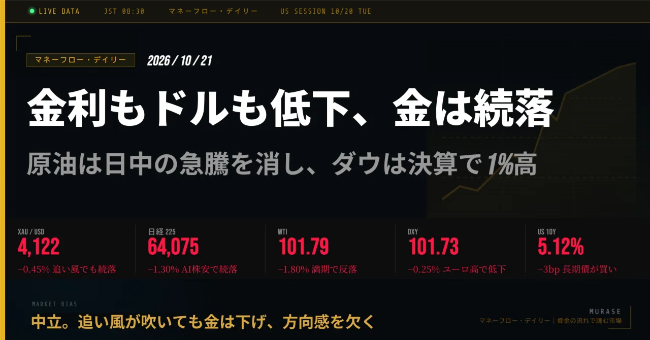 Murase 2026/10/21 |金利もドルも低下、金は続落原油は日中の急騰を消し、ダウは決算で1%高|MURASE