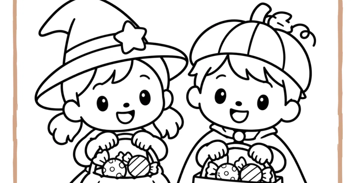 [For ages 3-5] Educational coloring print of two children with candy ...