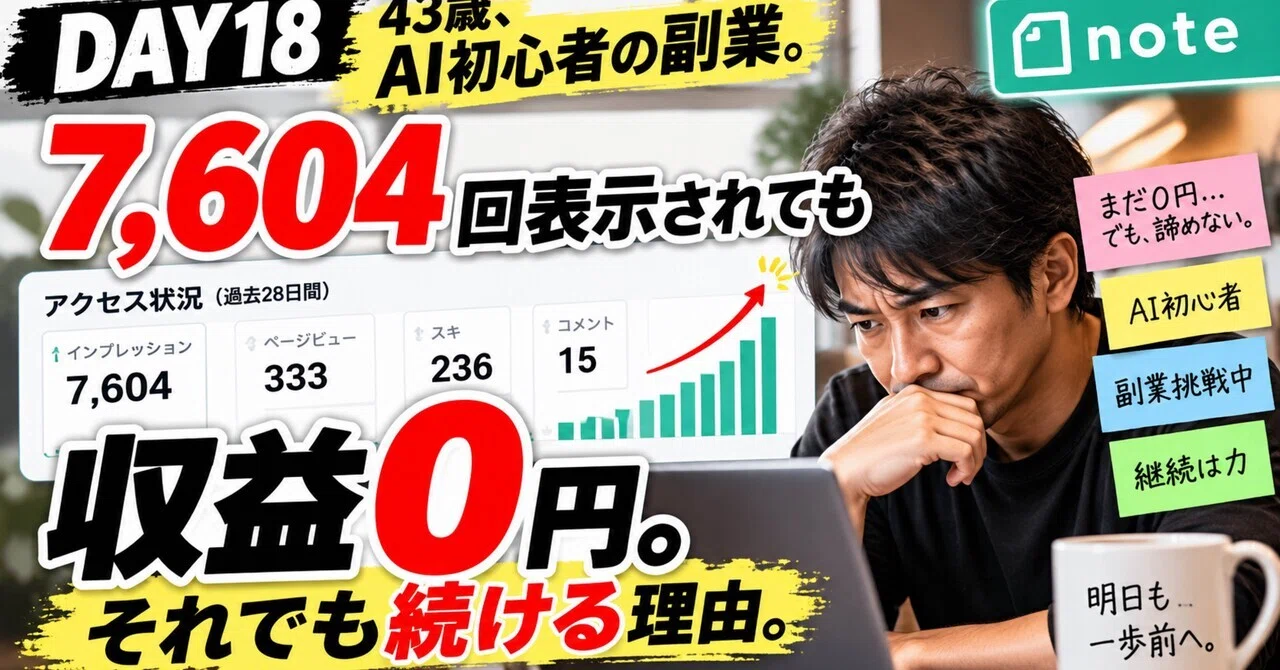 [DAY 18] 43 years old, AI beginner's side hustle. 7,604 impressions but ...