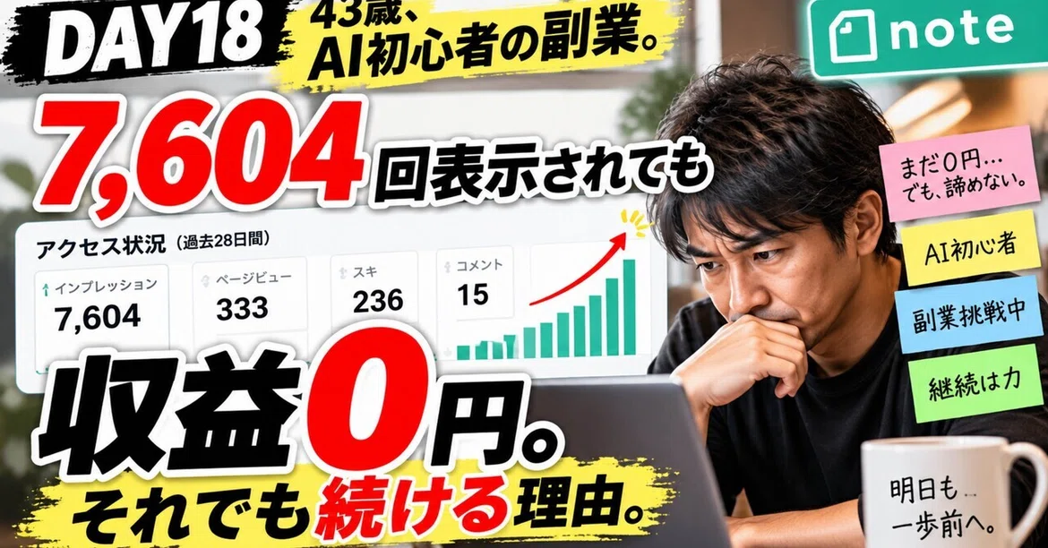 [DAY 18] 43 years old, AI beginner's side hustle. 7,604 impressions but ...