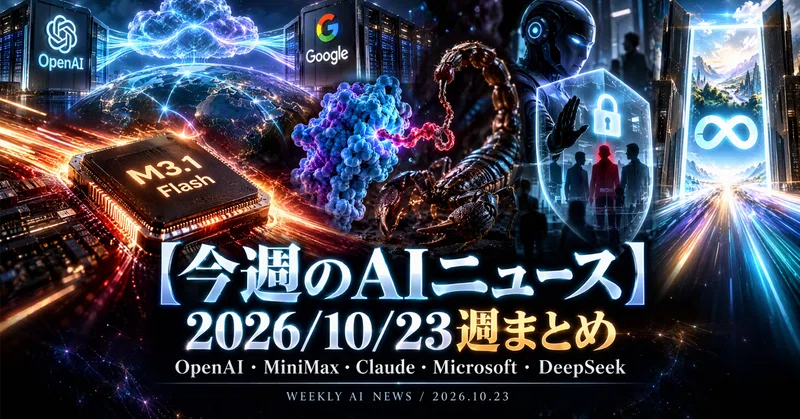 【今週のAIニュース】2026/10/23週まとめ｜OpenAIがGoogleクラウドも採用／MiniMaxが激安高速の新AI／Claudeが64時間でサソリ毒の解毒タンパク設計／Microsoftが"AIエージェント＝内部脅威"警告／DeepSeekが無料の高速モデル公開