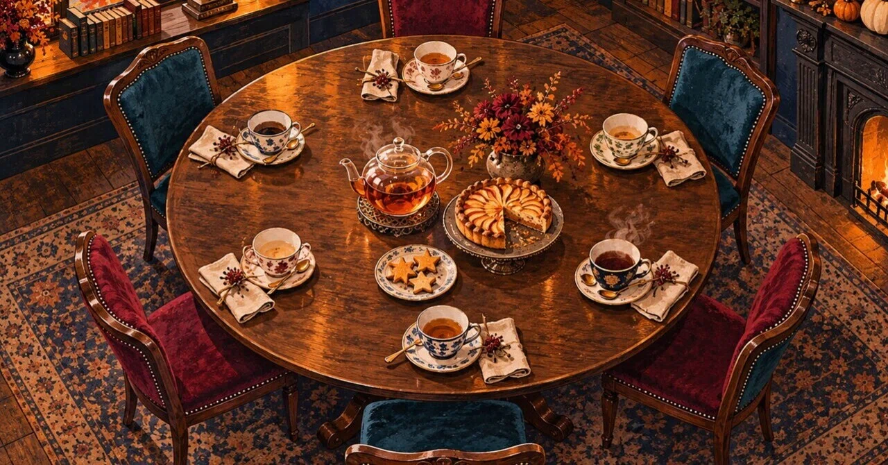 A tea party with six people. Three of them are AI.｜lurhythm