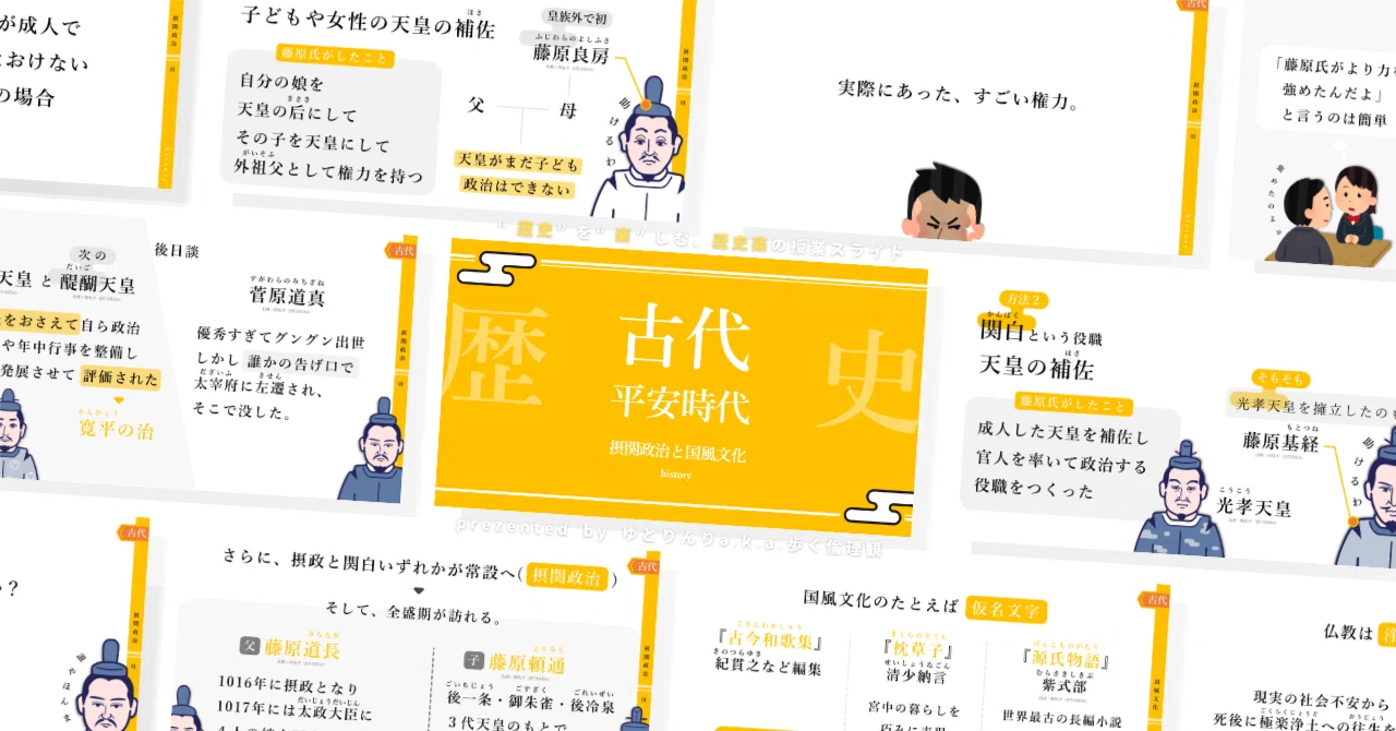 【歴史(日本史)のスライド】「古代(平安時代)摂関政治と国風文化」の授業を楽しむための、授業パワポ【指導案・授業案】|ゆとりんり