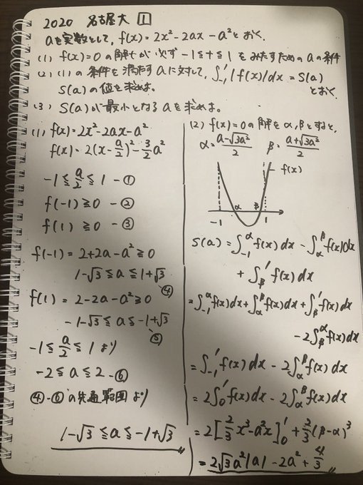 名古屋大学 文系大問1 考え方 解の配置からaの範囲を絞る 積分の計算を工夫する この問題は名古屋大 を受けた方の大半は何をすればよいかはわかっている中で いかに計算ミスなくこなせるか Stanyonline Note