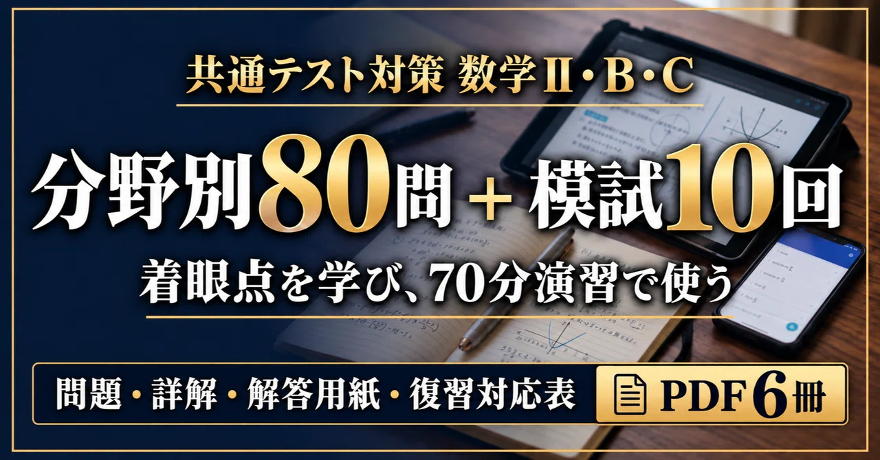 【PDF6冊】共通テスト数学Ⅱ・B・C｜分野別80問＋模試10回で、着眼点から70分演習へ｜NOKE