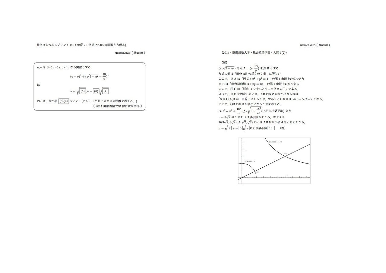 数学II「図形と方程式」2題、早稲田・人間科学部、慶應・総合政策学部