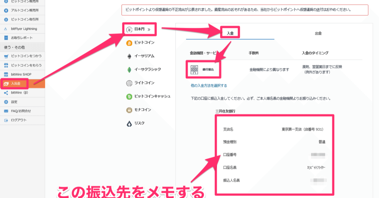 Bitflyer 銀行振込 入金方法
