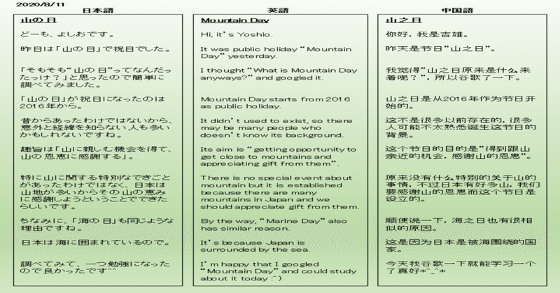 山の日 Mountain Day 山之日 Shan Zhi Ri よしお 中国語と英語で日記更新 Note 山の日 Mountain Day 山之日 Shan Zhi Ri よしお 中国語と英語で日記更新 Note