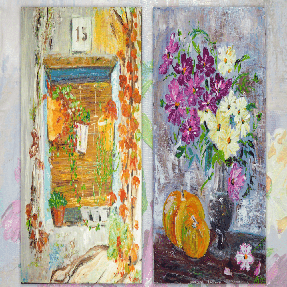 秋の窓辺」、「秋桜と南瓜」の絵を描きました｜雨星立夏 Rikka