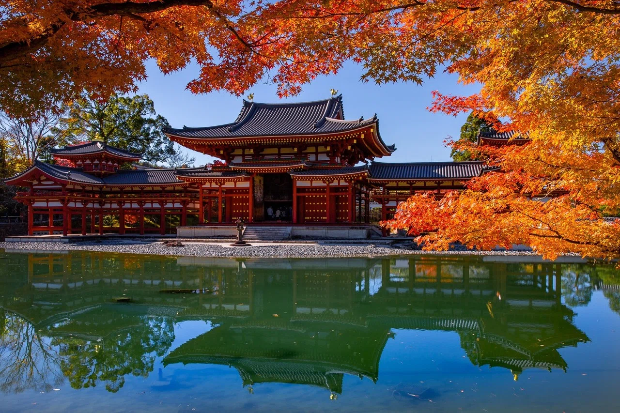 【平等院鳳凰堂図】苑渓 983 京都 共箱　掛け軸　肉筆 平等院鳳凰堂図】苑渓 983 京都 共箱 掛け軸 肉筆 館蔵名品展ｰ巳年に