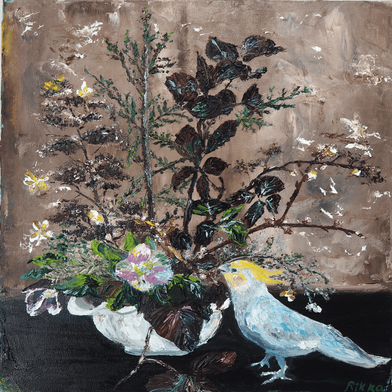 木の実を啄む小鳥の絵を描きました|芸術 絵画｜雨星立夏 Rikka