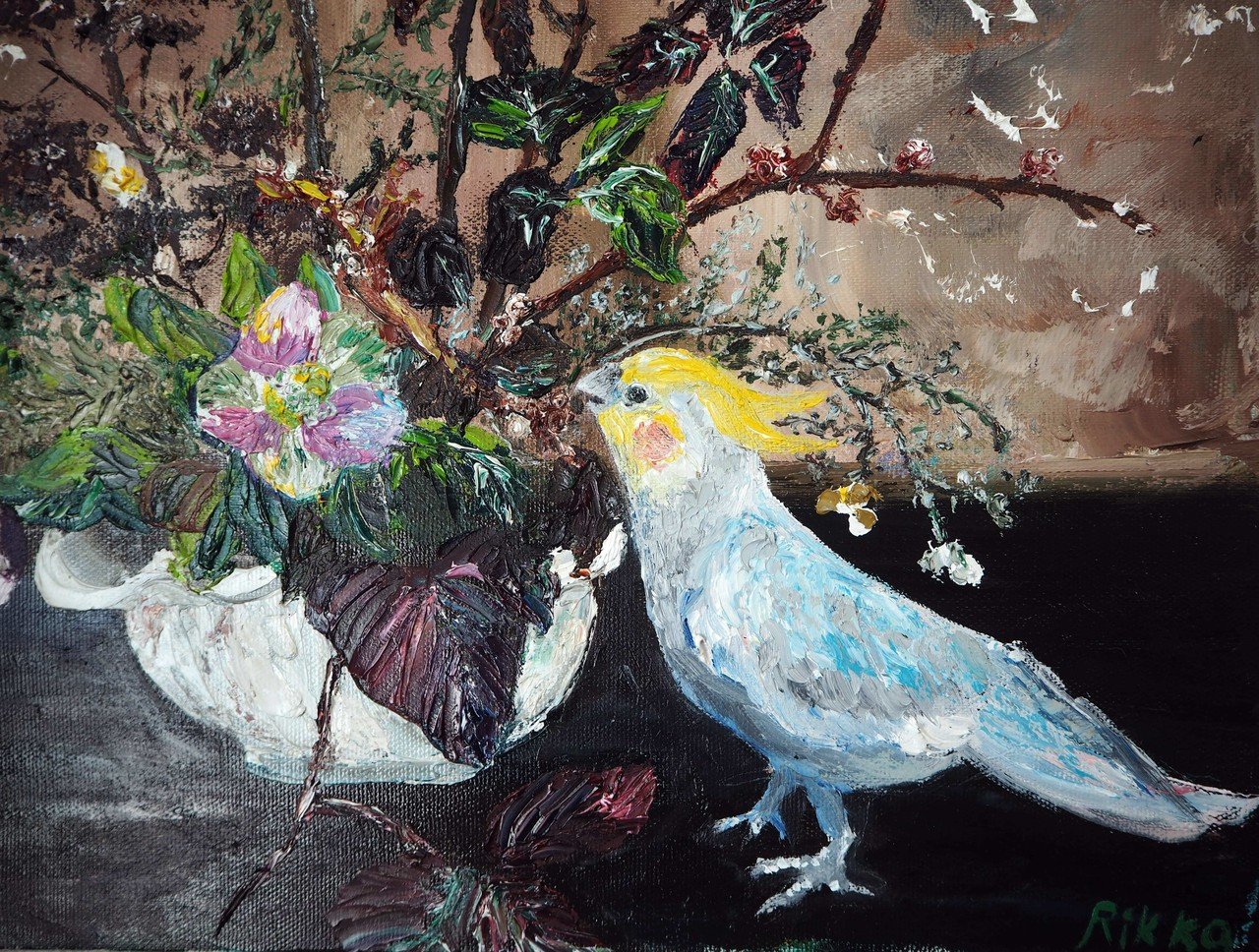 木の実を啄む小鳥の絵を描きました|芸術 絵画｜雨星立夏 Rikka