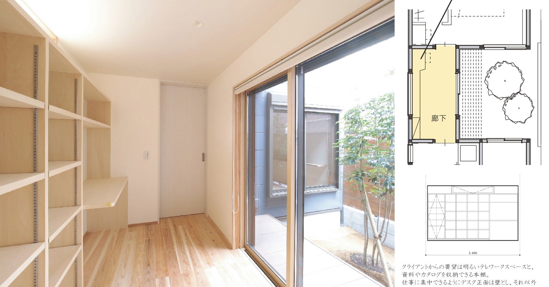 12 中庭に面した廊下に本棚とデスクを設置してテレワークスペースに 京都府建築士会青年部会 Note 12 中庭に面した廊下に本棚とデスクを設置してテレワークスペースに 京都府建築士会青年部会 Note