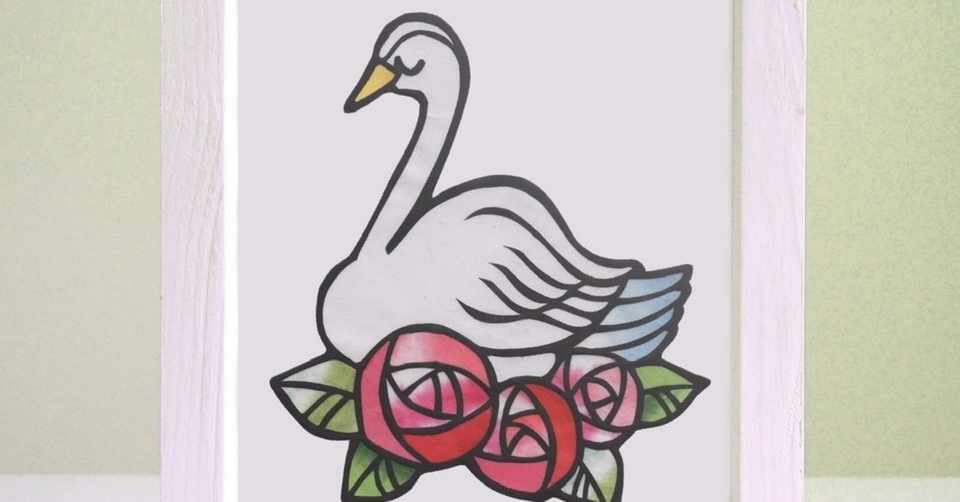 フリー図案no 055 白鳥とバラ の切り絵 華色切絵 平石智美のカラー切り絵を楽しむnote Note