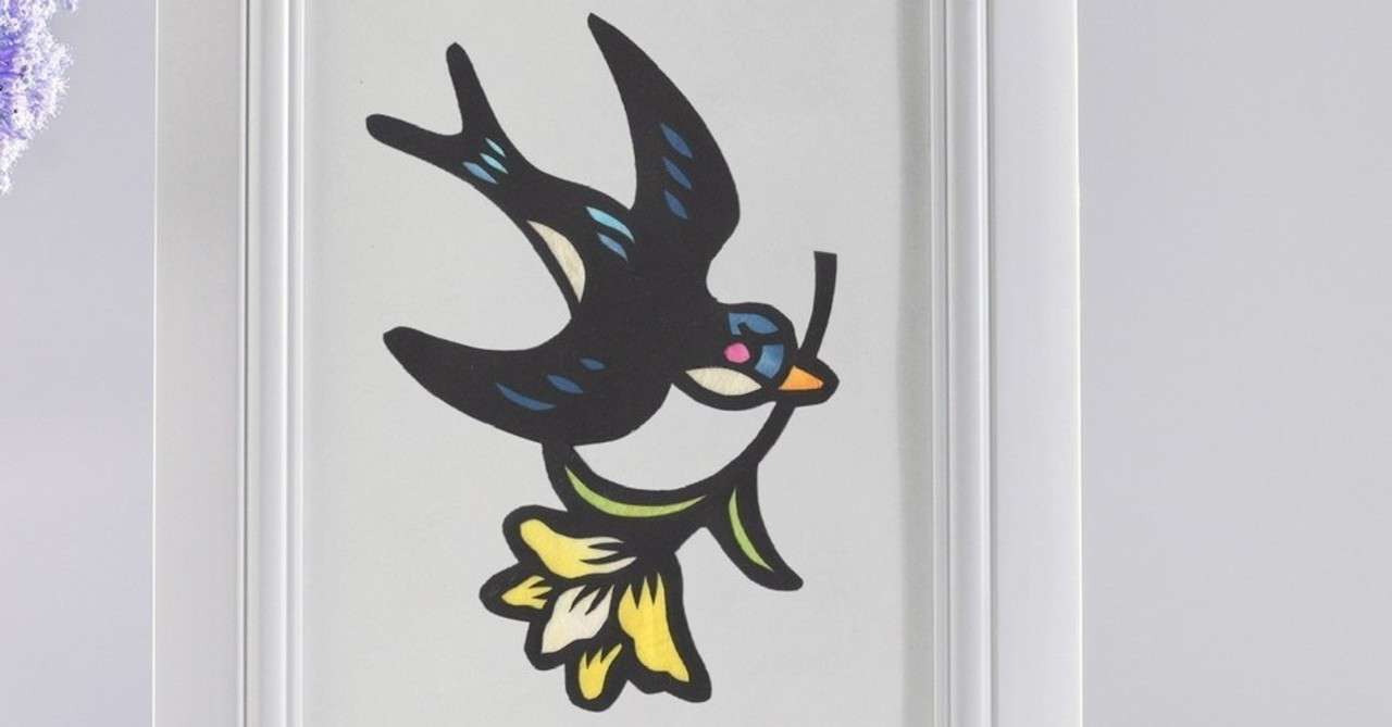 フリー図案no 057 花を運ぶツバメ 華色切絵 平石智美のカラー切り絵を楽しむnote Note