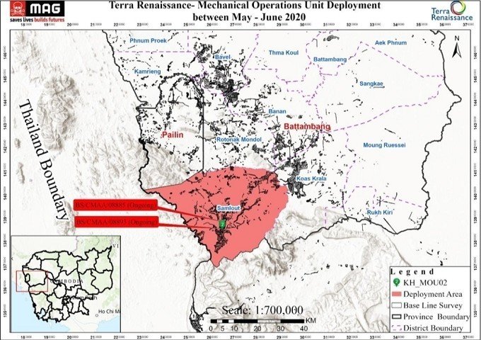 第一四半期中に機会チームが地雷撤去活動を実施したバッタンバン州サムロート郡の２ヶ所の地雷原の地図