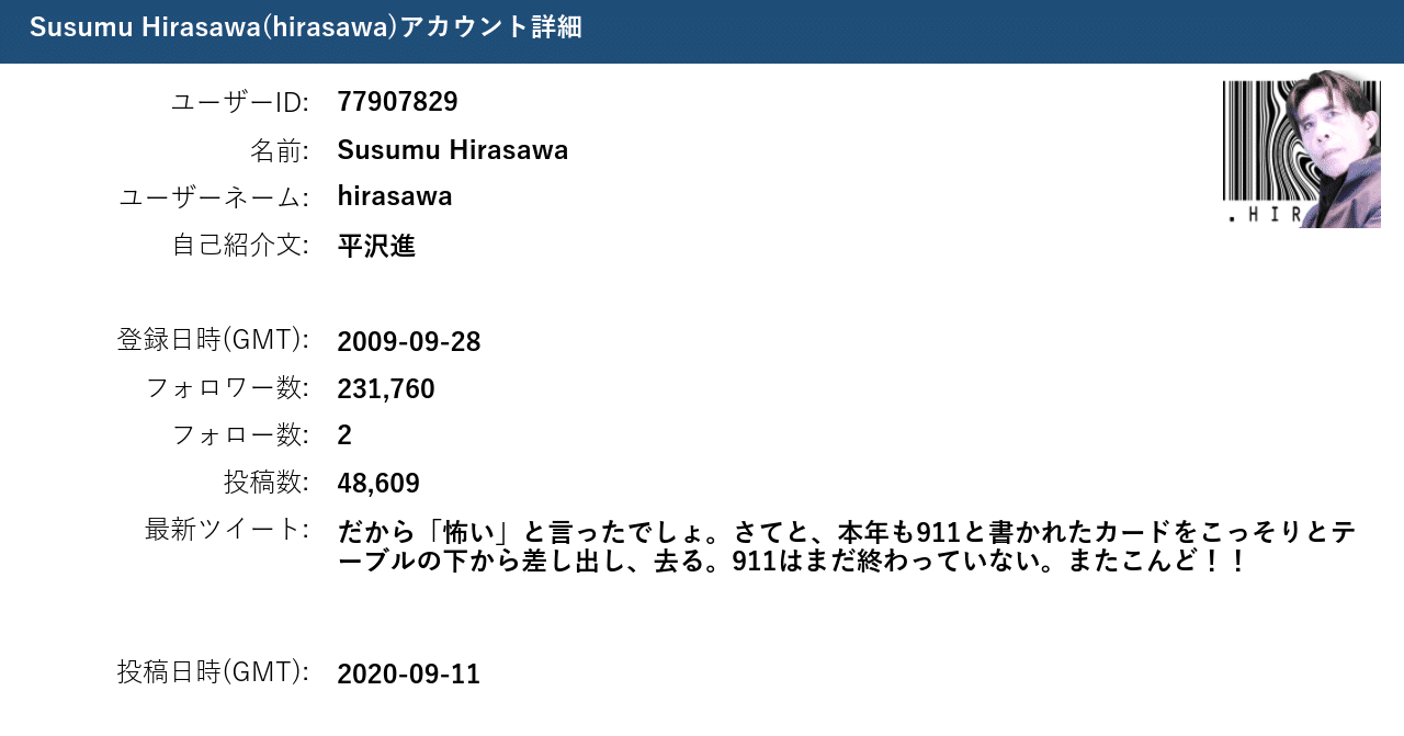 平沢進 様のtwitterアカウントレポート アシリム Note