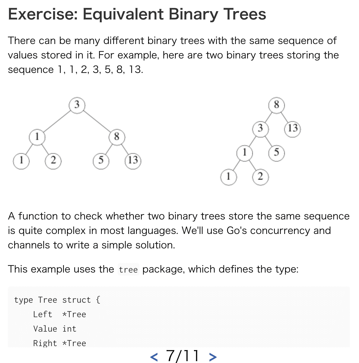 go tour exercise equivalent binary trees