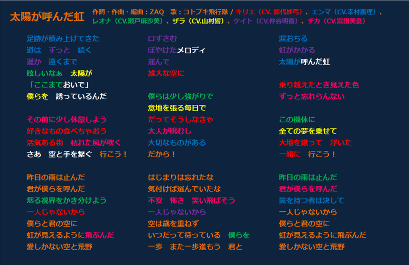 太陽が呼んだ虹 パート分け 歌詞カード ブーメラン Note