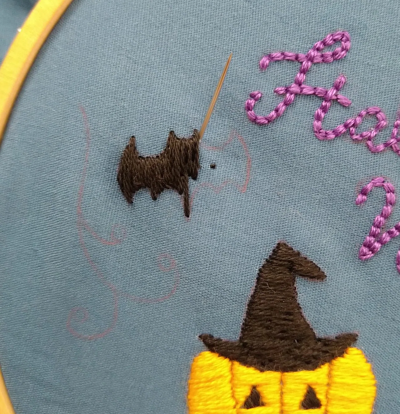 【未仕立て】九寸名古屋帯　刺繍アップリケ　魔女の帽子　コウモリと月　ハロウィン ハロウィン 黒猫 魔女帽子 コウモリマント オーナメント 置物 雑貨