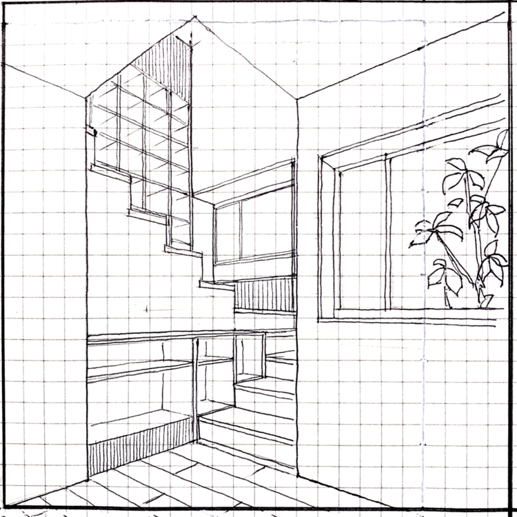 ちゃんと下描きを描いてみたよ
階段に座って本が読めるような空間にしたい。リビングと階段室が やんわり繋がる事で広く感じるよう設計した。
#建築パース　#パース　#手描き
#手描きパース　#内観パース