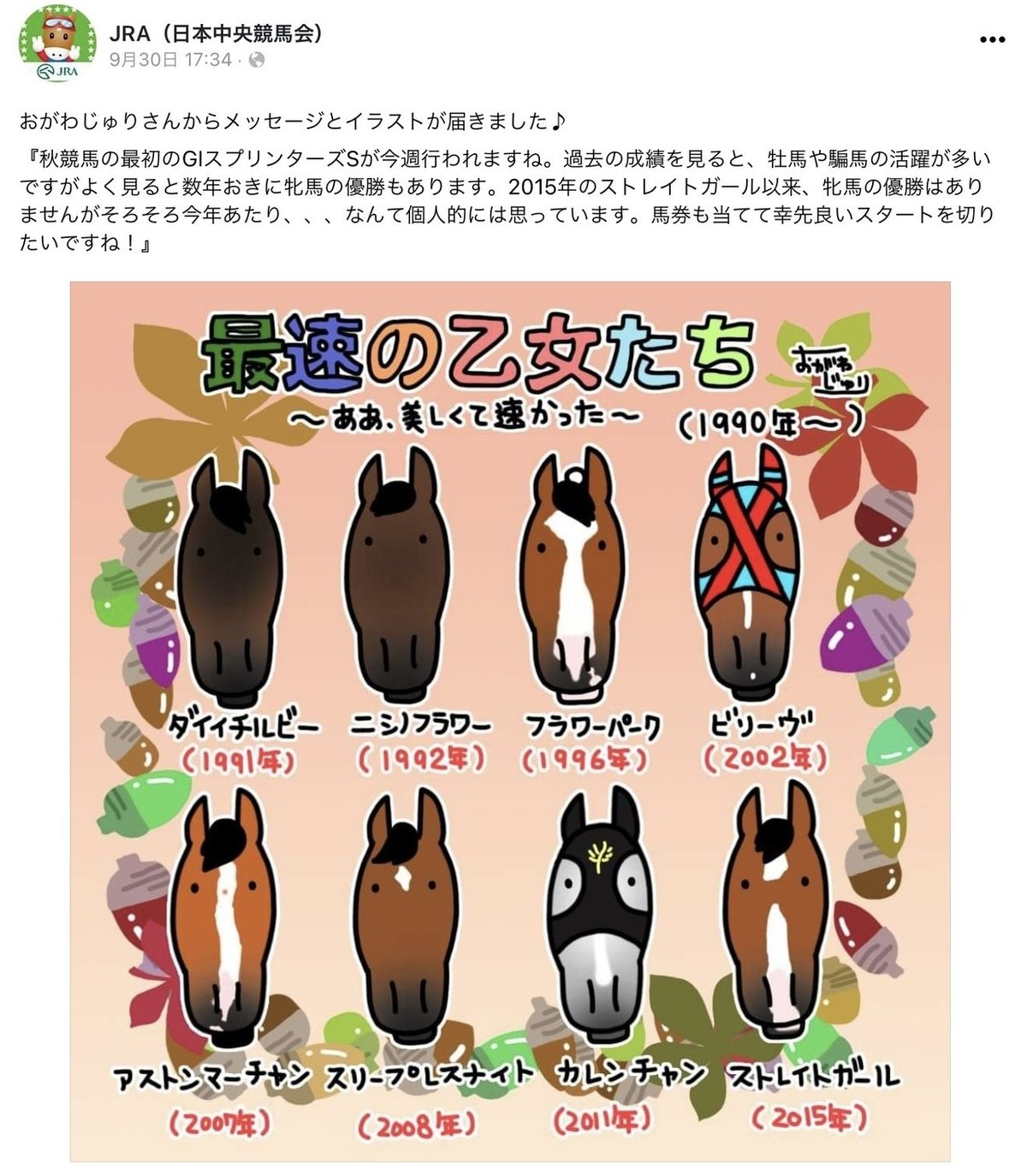 JRA］公式Facebookおがわじゅりイラストサインについて※追記