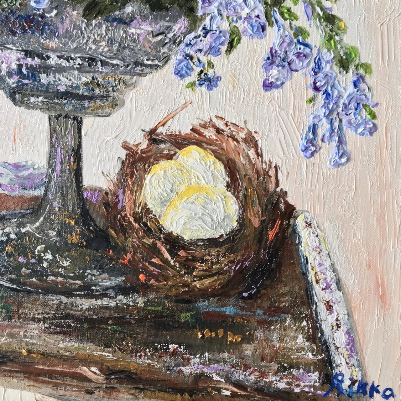 うさぎとブルーベルの絵画 アート作品 油絵「ブルーベルと小鳥」ができるまで|芸術 絵画｜雨星立夏 Rikka