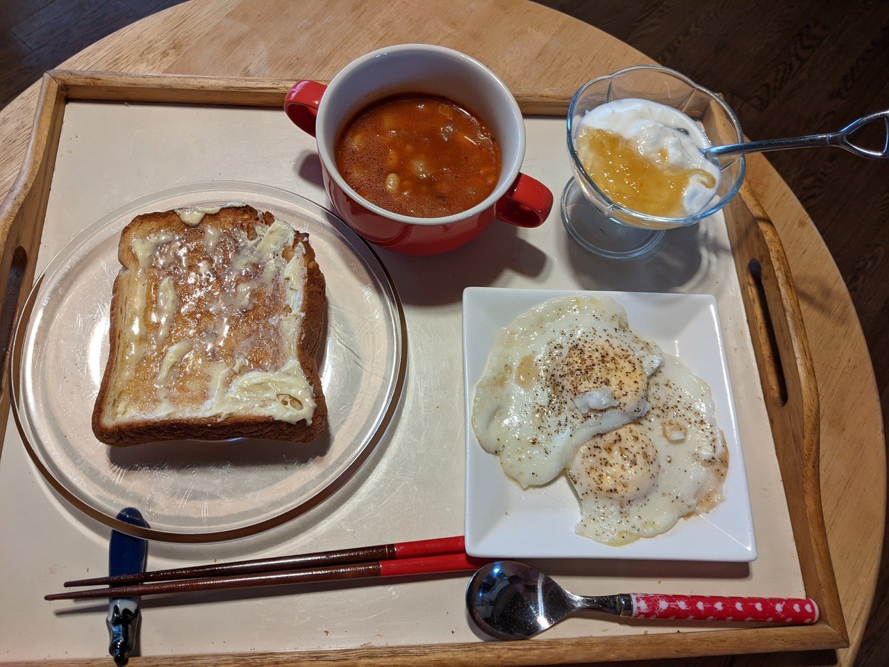 本日の朝食はパンと目玉焼きとミネストローネです 柘榴 Note 本日の朝食はパンと目玉焼きとミネストローネです 柘榴 Note