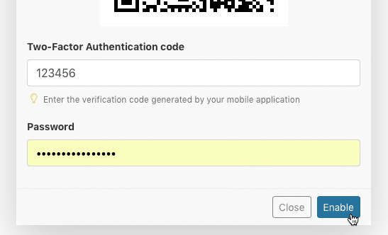 確認コード入力とパスワードを入力して［Enable］をクリックすると2要素認証が有効化される